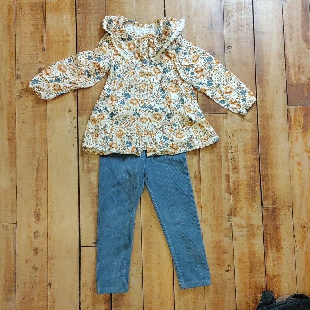 Max Studio floral outfit 3T blue lace hem Fall boho neutral ribbed leggings